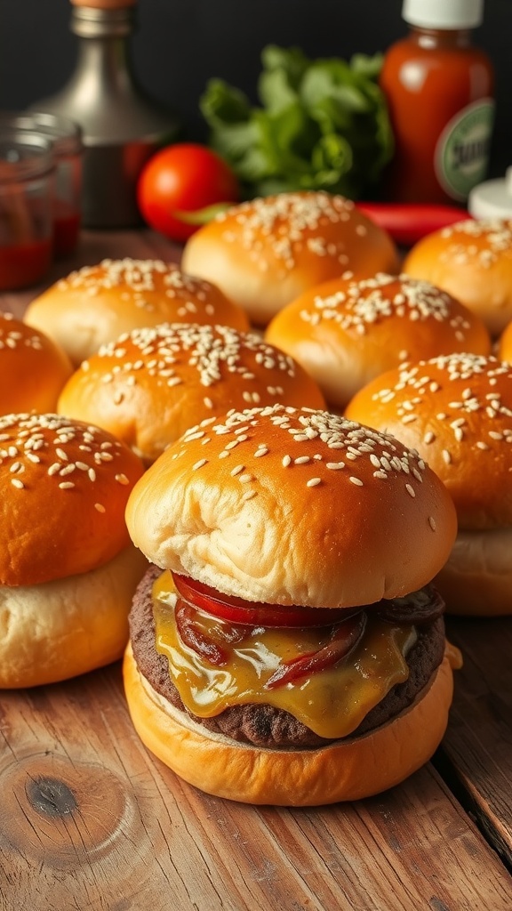Freshly baked golden hamburger buns with sesame seeds on a wooden table, ready for burgers.